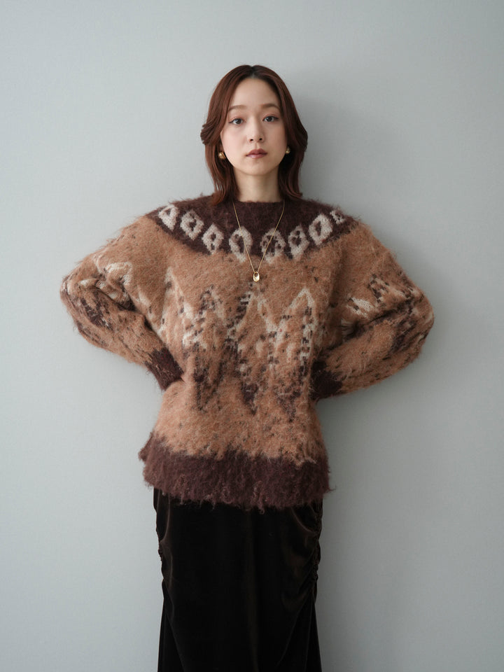 [SET]シャギーニュアンス柄ニットプルオーバー+ギャザーベロアスカート(2set)