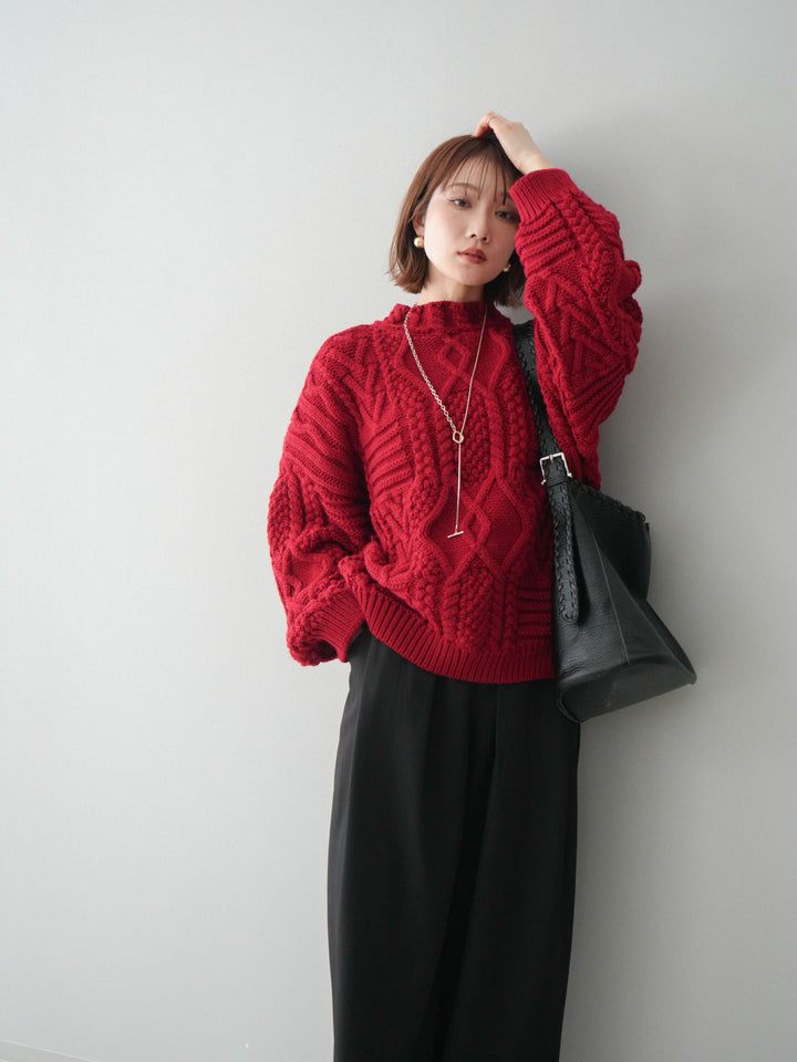 [予約]ケーブル編みモックネックニットプルオーバー/red