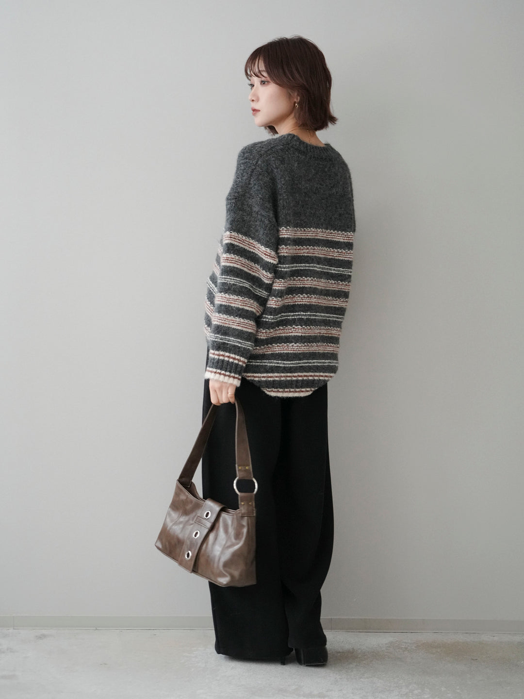 [SET]ステッチボーダーニットプルオーバー+ベルト付起毛コクーンパンツ(2set)