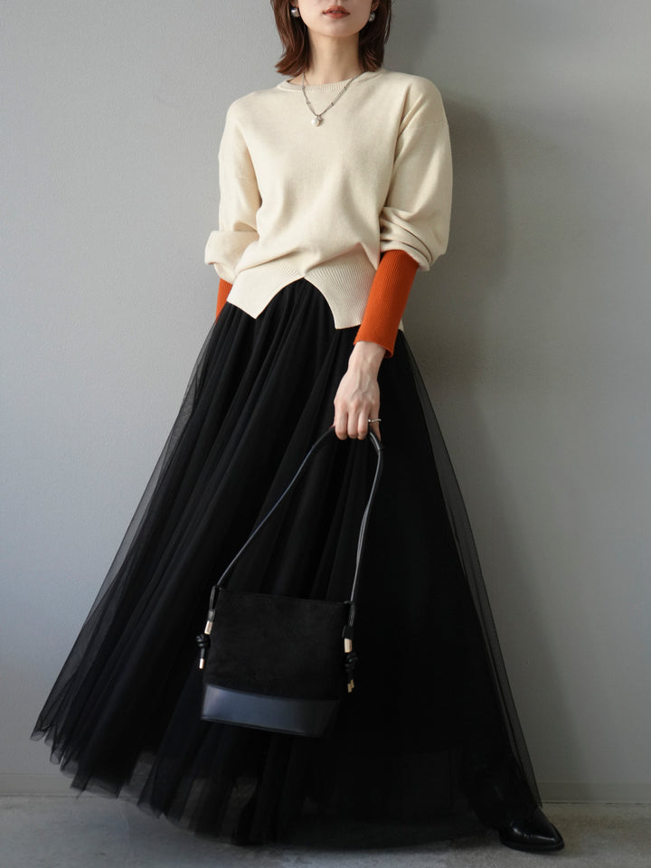 [予約]袖配色フロントスリットニットプルオーバー /アイボリー