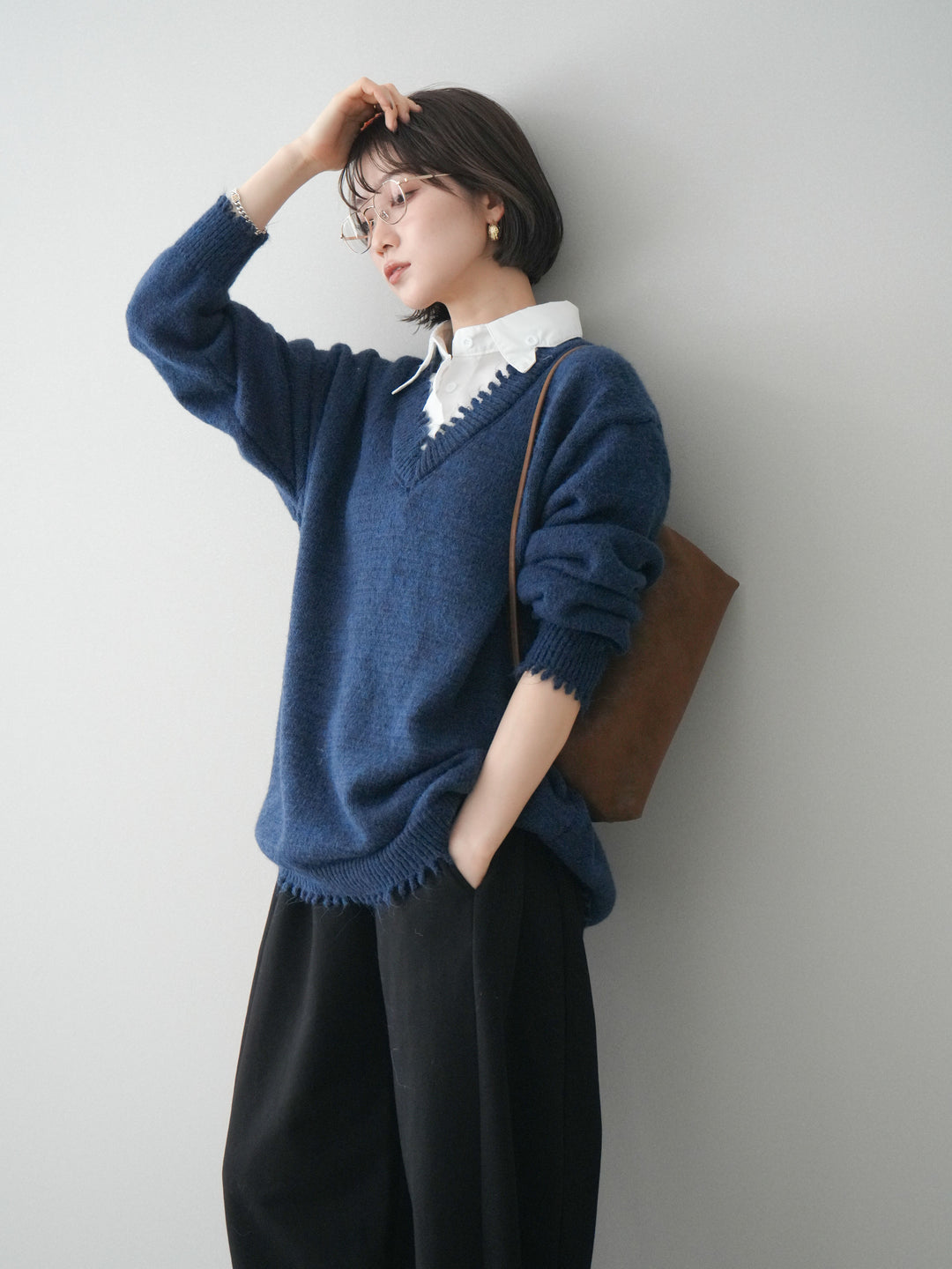 [予約]シャツドッキングVネックフリンジニットプルオーバー/navy