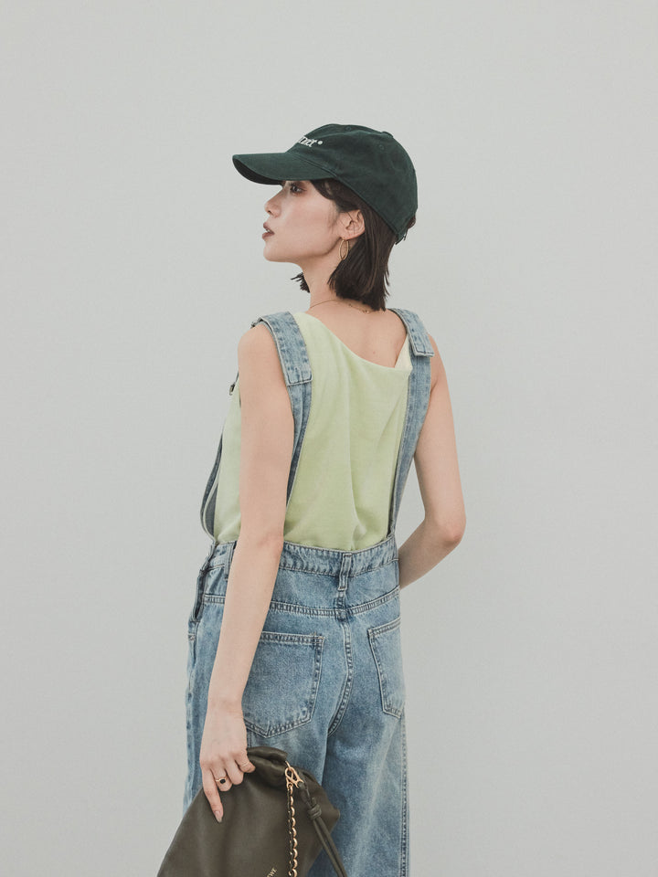 [SET]センターシームデニムサロペット +スクエアベロアタンクトップ(2set)