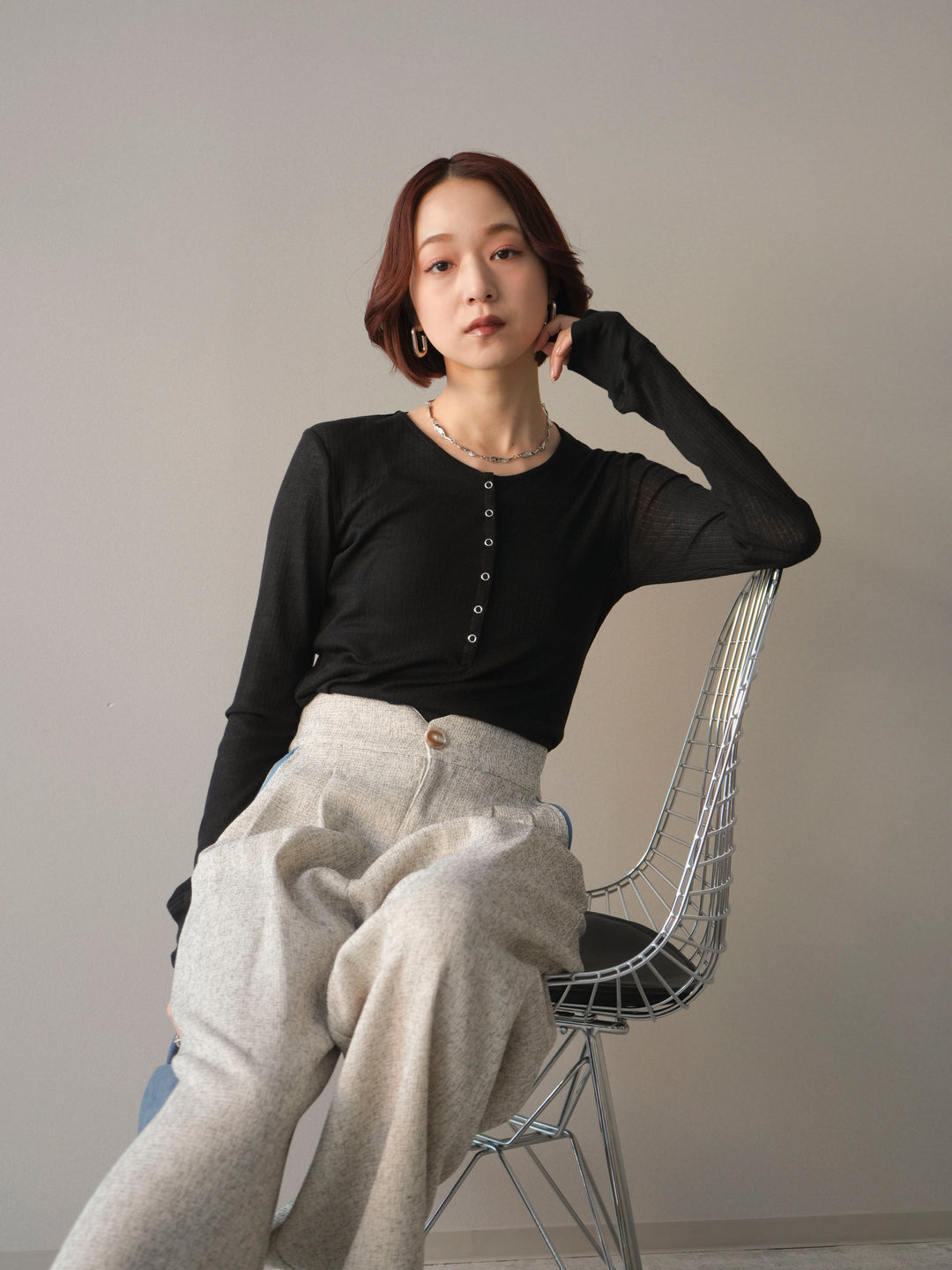 [予約]シアーリブヘンリーネックロンT/black