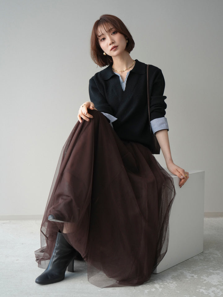 [予約]シャツレイヤードスキッパーニットプルオーバー/black