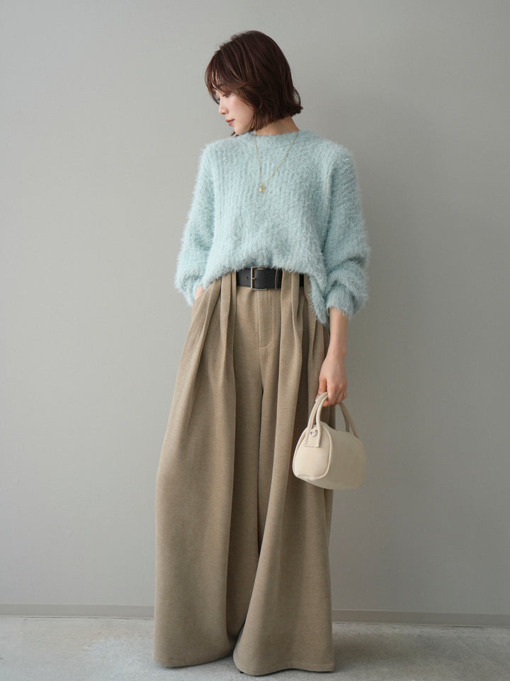 [SET]ボリュームスリーブシャギー MIXニットプルオーバー+ベルトデザインループコールテンワイドパンツ(ベルト付き)(2set)