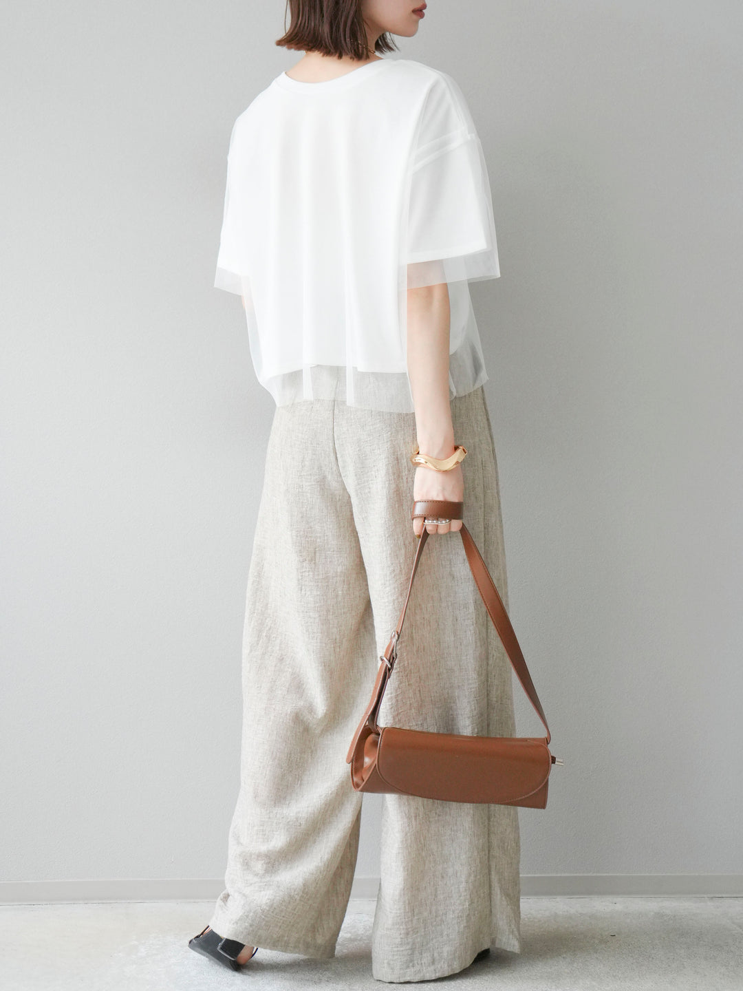 [予約]リネンライクベルト付タックループワイドパンツ/ベージュ