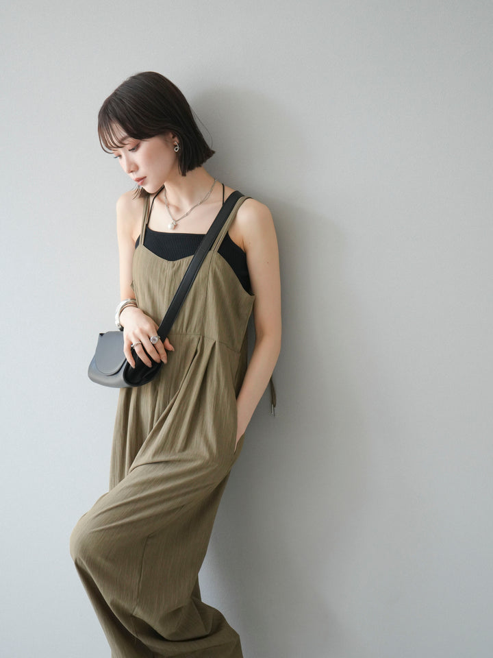 [SET]リネンライクビスチェデザインサロペット+ダブルストラップカットリブブラキャミソール(2set)