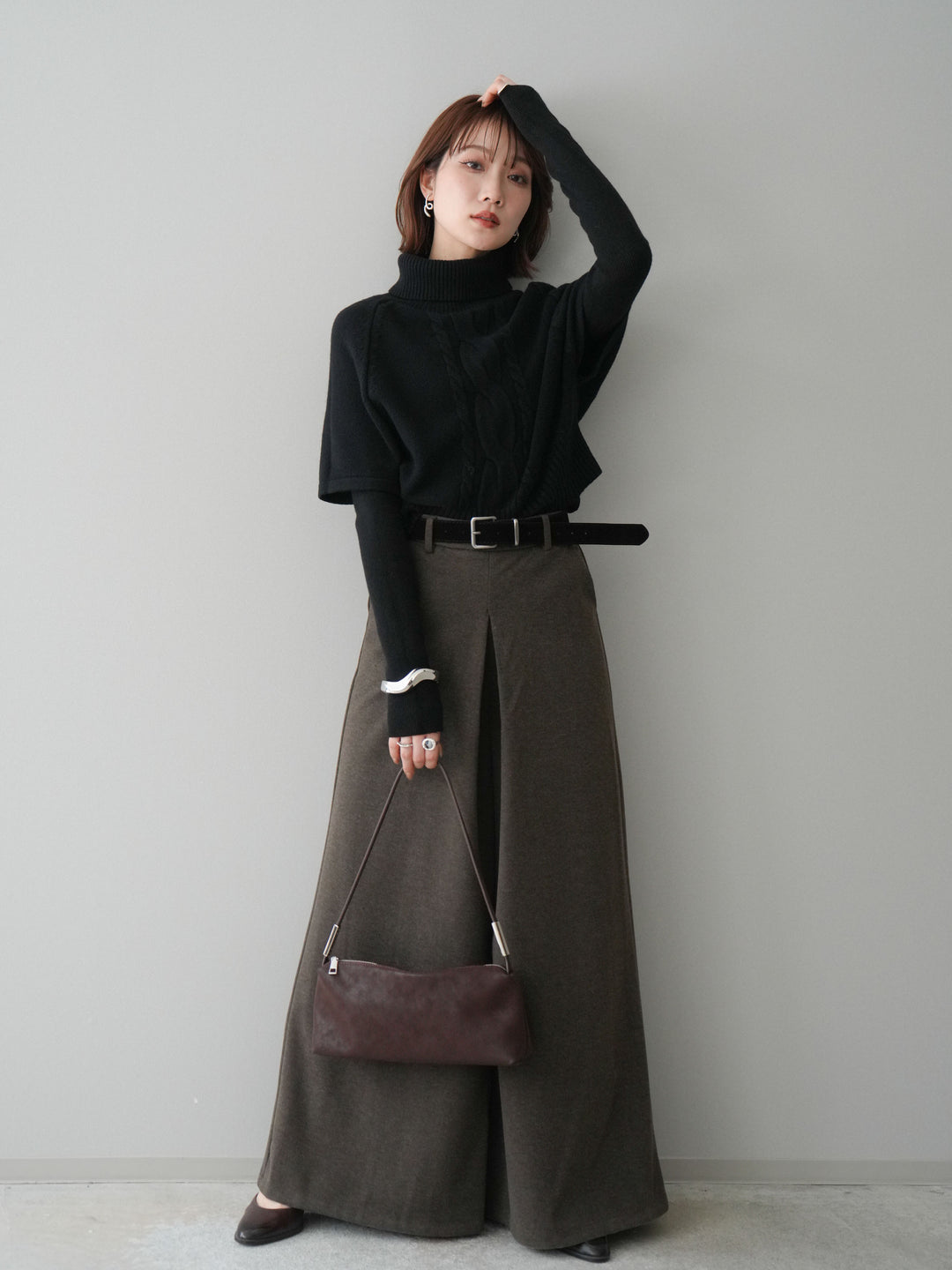 [予約]ベルト付きフロントタックワイドパンツ/brown