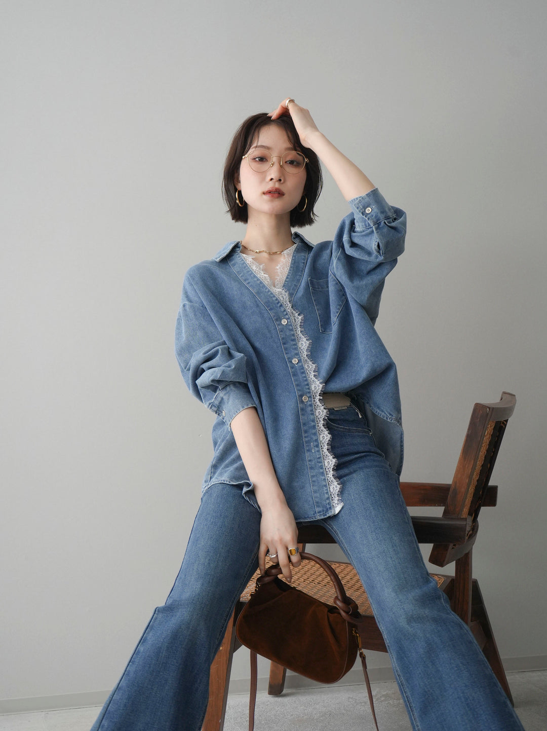 [SET]レースレイヤードデニム開襟シャツ+選べるアクセセット(2set)