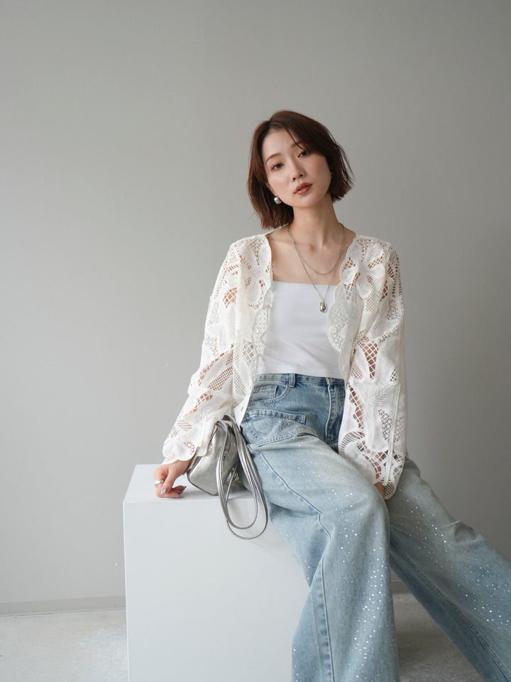 【套裝】3D蕾絲荷葉邊上衣+前口袋串珠闊腿牛仔褲（兩件套）