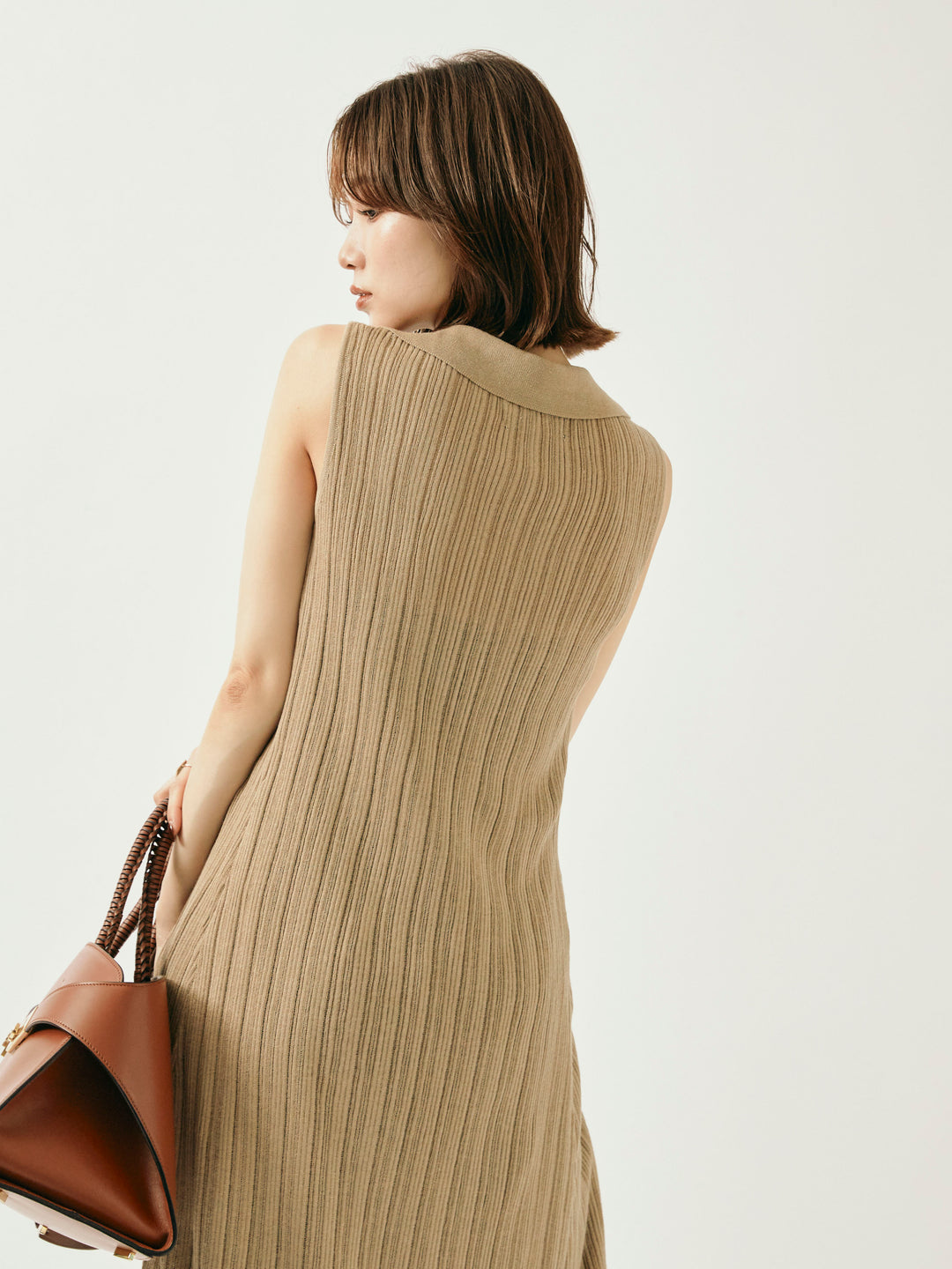 [予約]襟付きランダムリブロングニットカーディガン/ベージュ