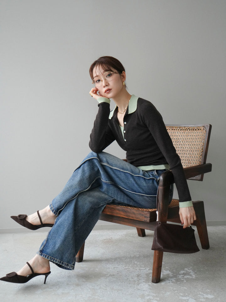 [予約]レイヤード配色ポロニットトップス/darkbrown