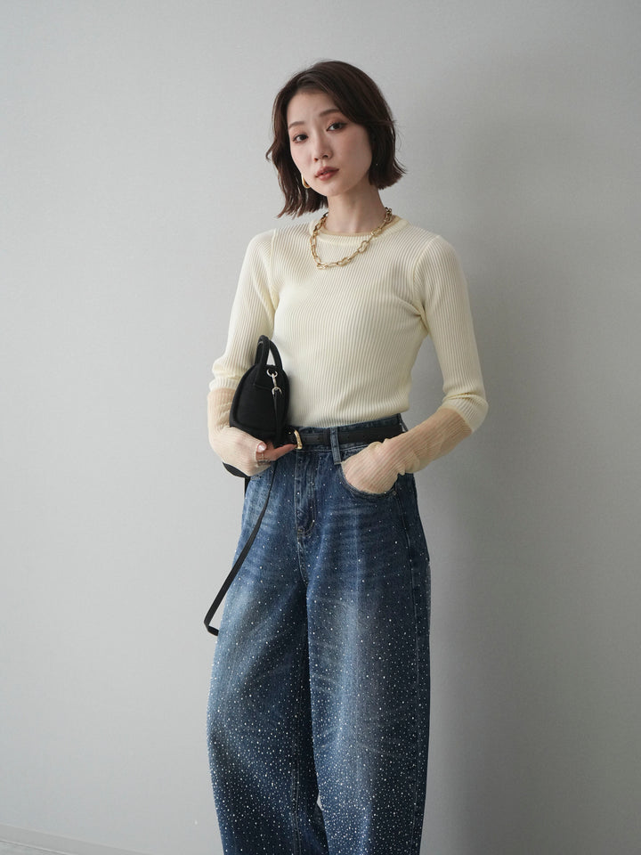 [SET]リブラメシアー切替リブニットトップス+ラインストーンカーブデニムパンツ(2set)