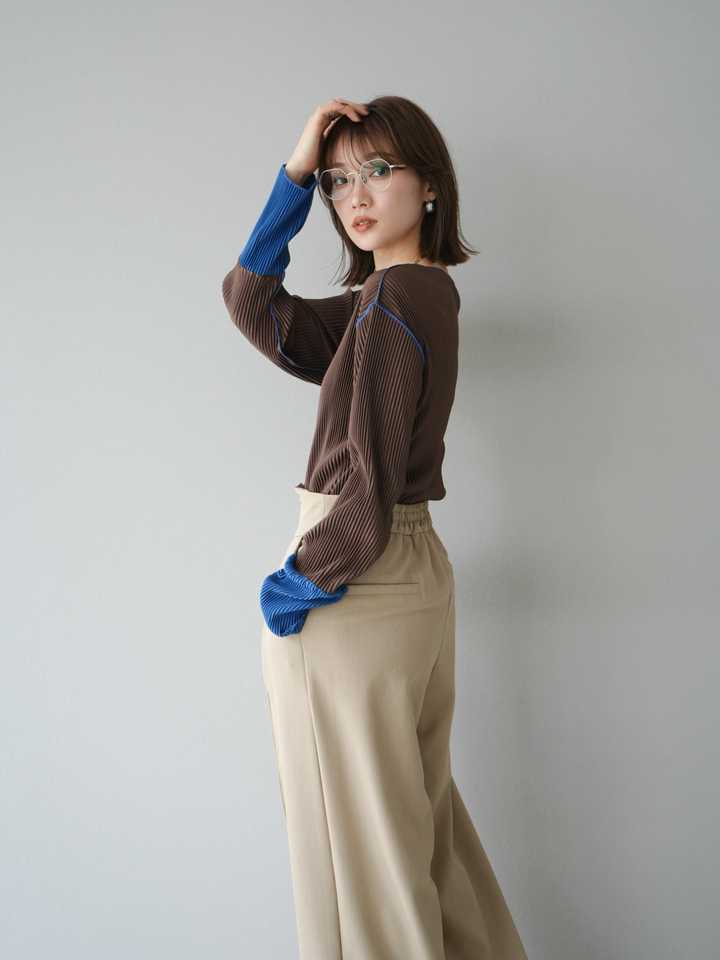 [予約]バイカラープリーツトップス/ブラウン