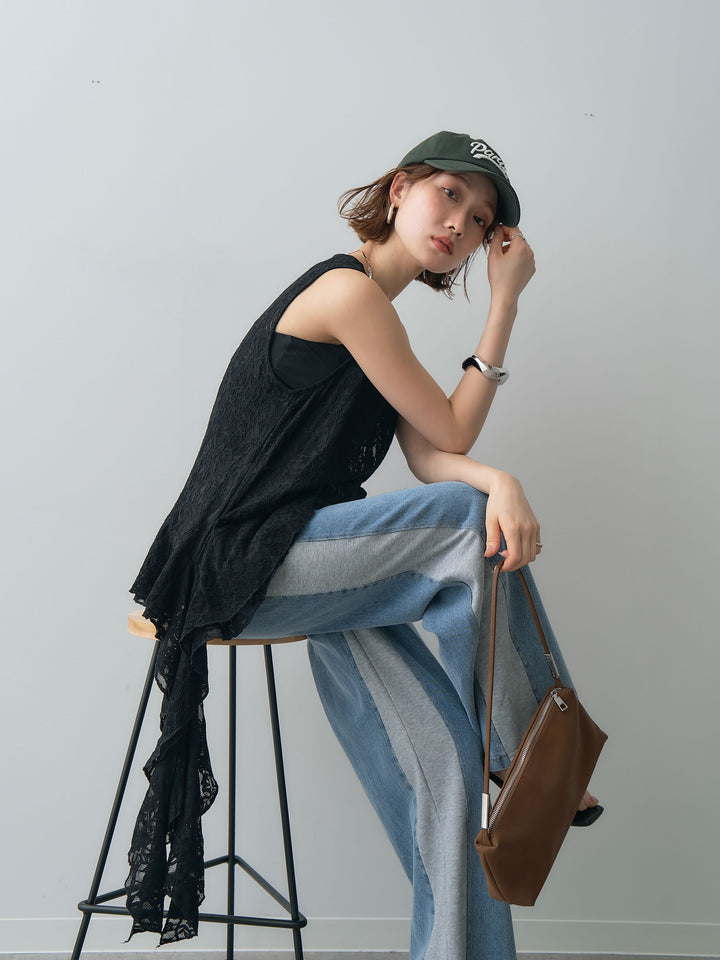 [予約]ラッフルレースアシメペプラムノースリトップス//black
