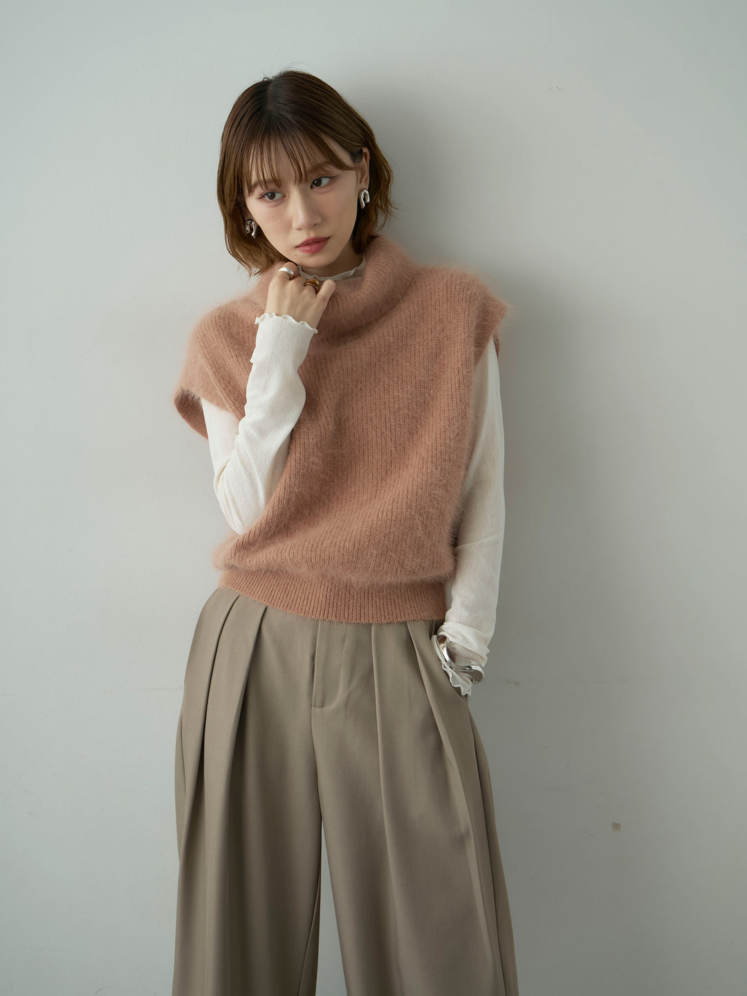 [SET]シャギータートルニットベスト+選べるアクセセット(2set)
