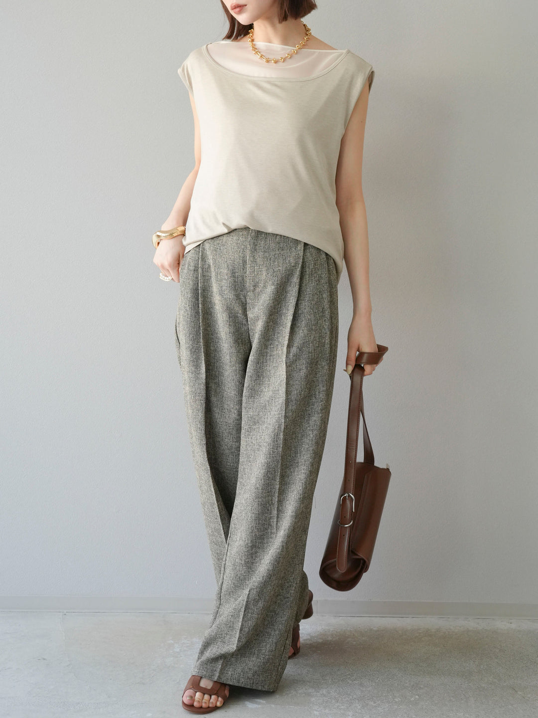 [予約]ミックスツイードタックパンツ/ブラウン