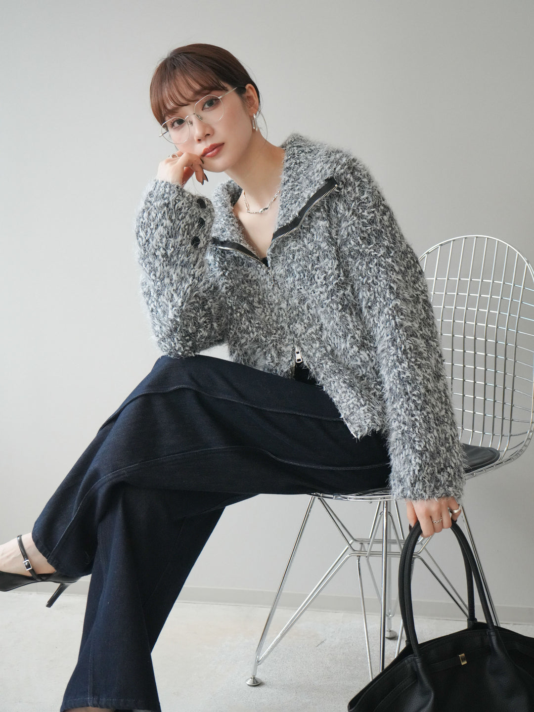 [予約]ミックスシャギージップニットカーディガン/black