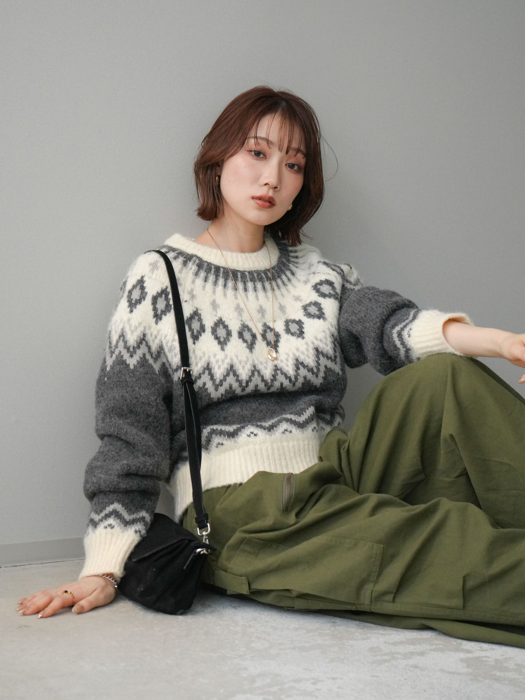 [予約]ノルディック柄ニットプルオーバー/gray