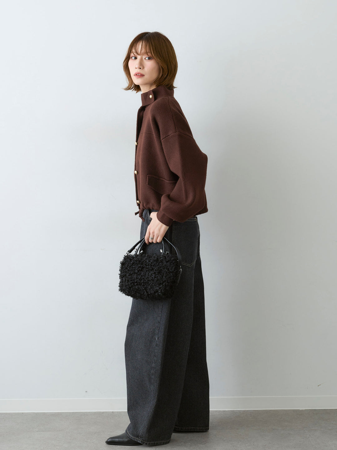 [SET]ゴールドボタンニットショートジャケット+ヒッコリーカーブデニム(2set)