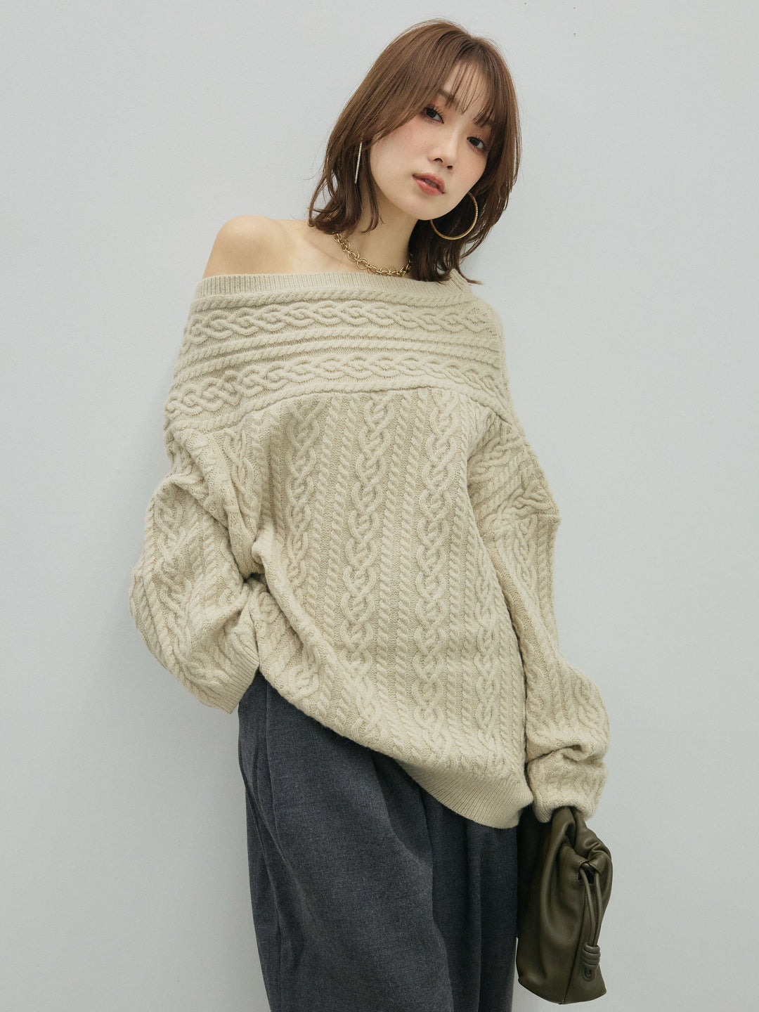 【Allure】[SET]ケーブルワンショルニットプルオーバー+ループデザインツイルワイドパンツ(2set)