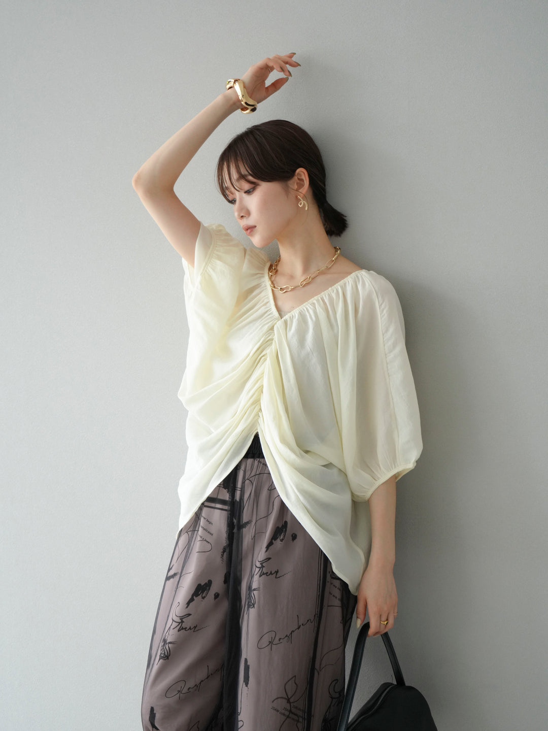 [SET]ボリュームスリーブシアータックブラウス+コード刺繍チュールレイヤードパンツ(2set)