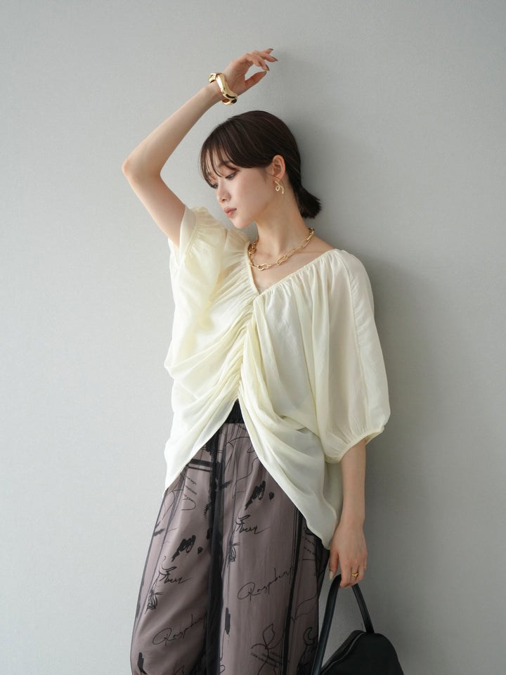 [SET]ボリュームスリーブシアータックブラウス+コード刺繍チュールレイヤードパンツ(2set)