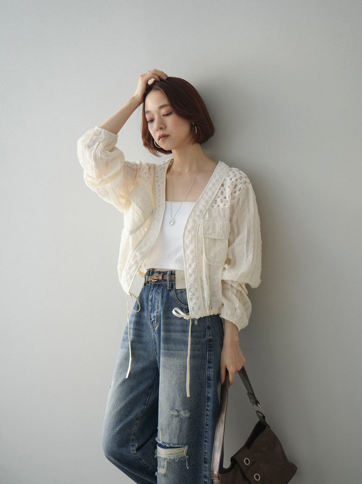 [SET]パッチワークシアーフリルブルゾン+ダメージデニムセミワイドパンツ(2set)