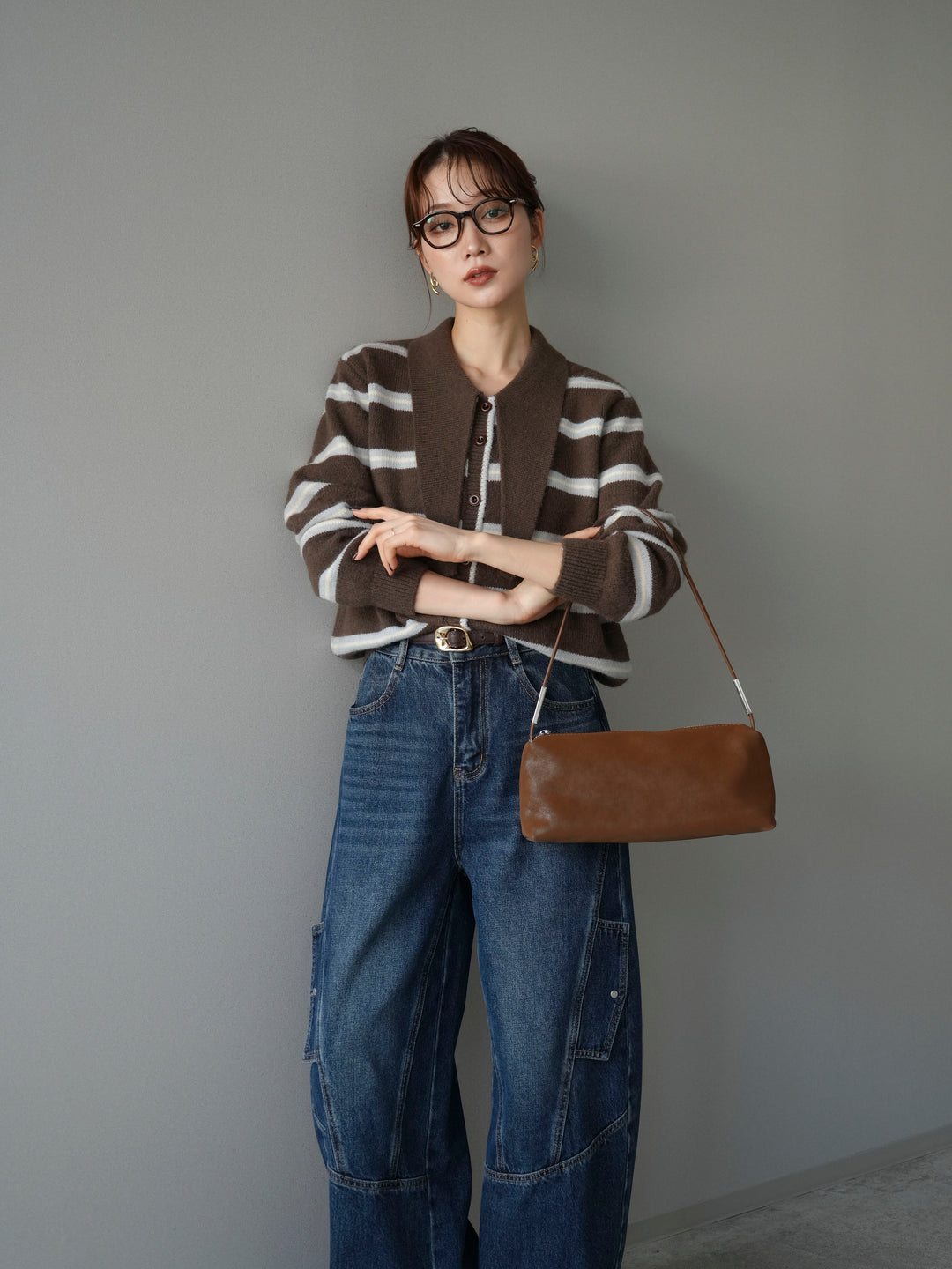 [予約]ボウタイボーダーニットカーディガン/brown