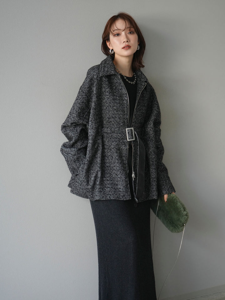 [予約]メッシュ切替ノースリーニットワンピース/darkgray