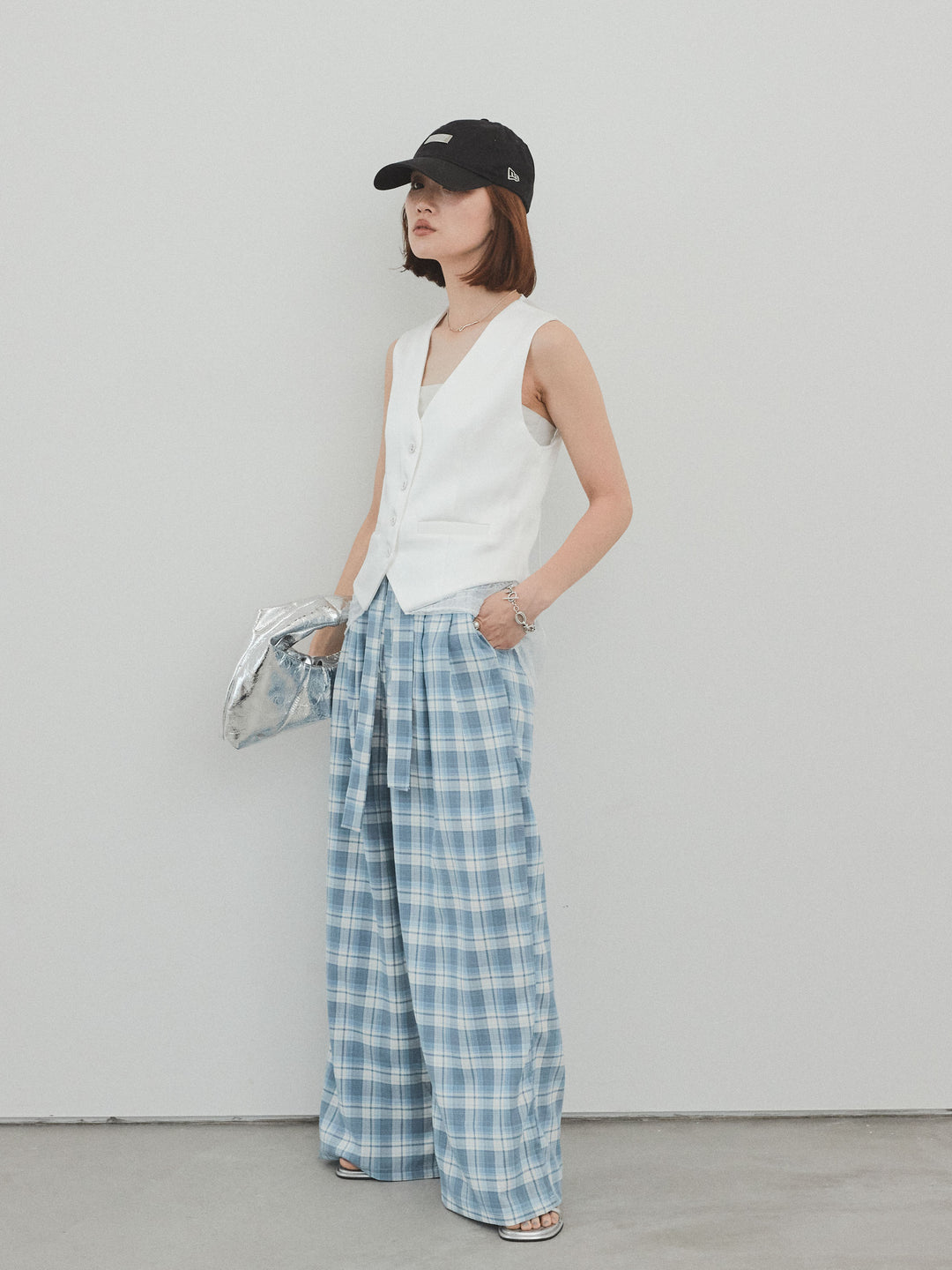 [予約]チェック柄ワイドパンツ/ブルー