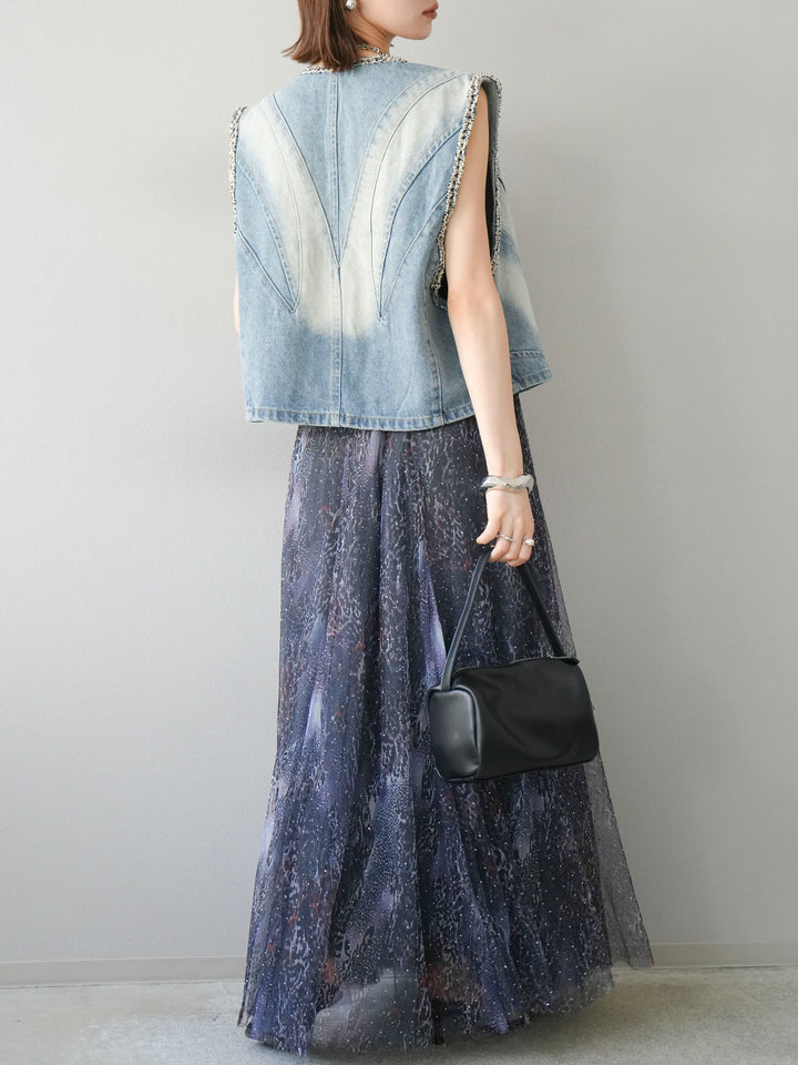 [予約]ニュアンス柄チュールレイヤードプリーツスカート/ネイビー