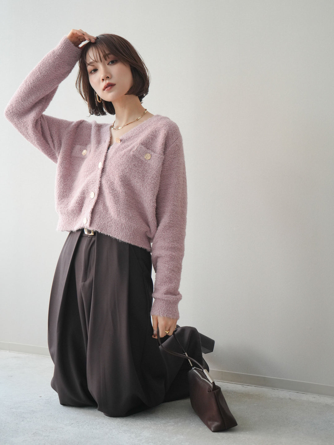 [SET]ゴールドボタンモールニットカーディガン+ベルトループデザインワイドパンツ(2set)