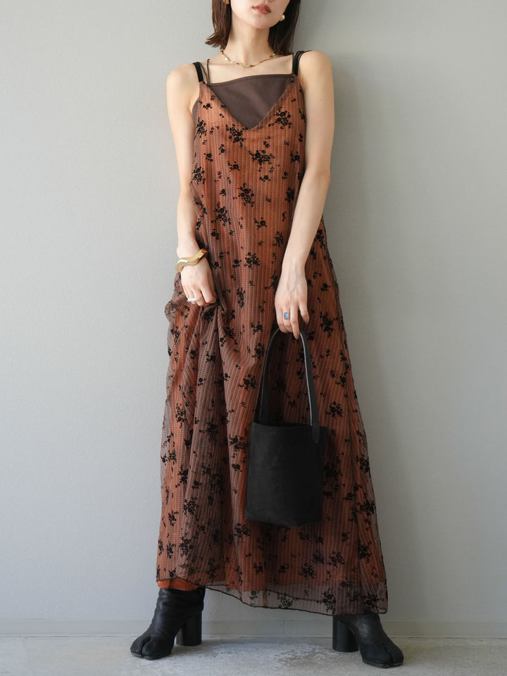 [予約]フロッキーチュールレイヤードベロアキャミワンピース/オレンジ