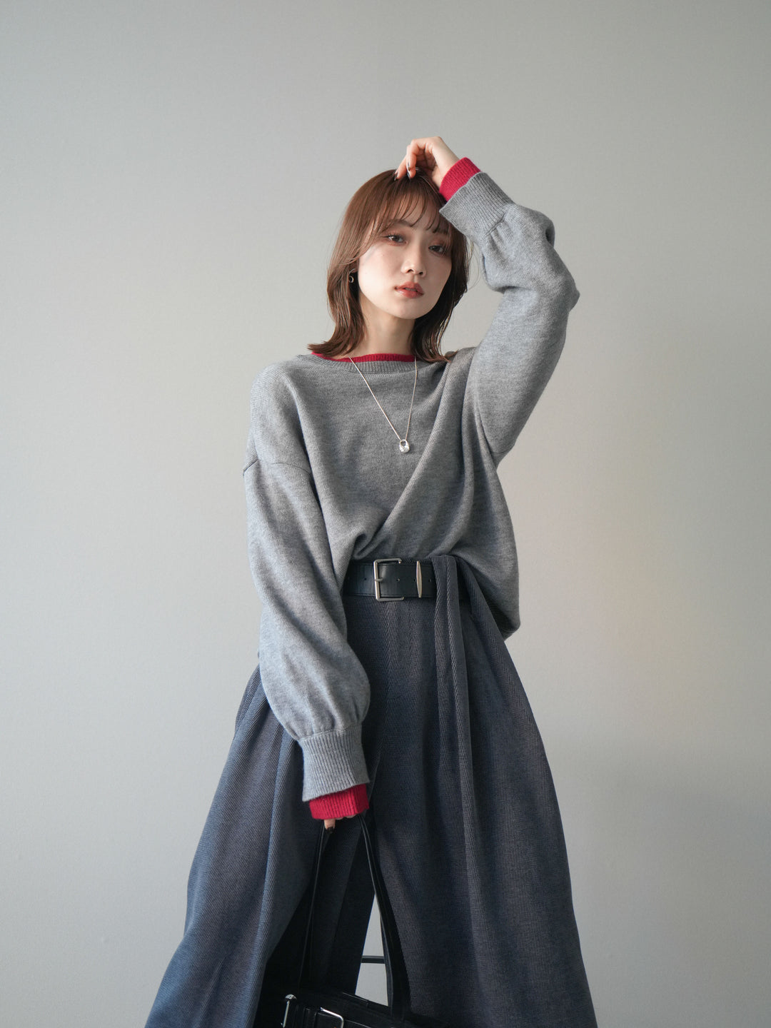 [予約]ヘンリーネック配色レイヤードニットプルオーバー/middlegray