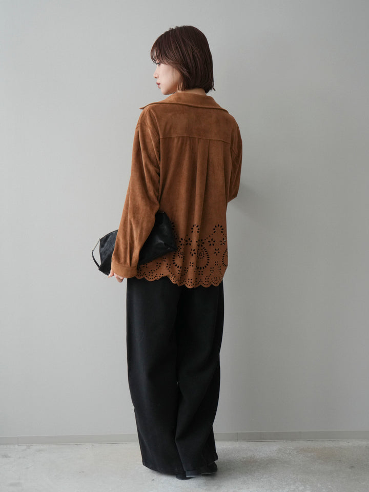 [SET]裾スカラップスエードシャツ+ベルト付起毛コクーンパンツ(2set)