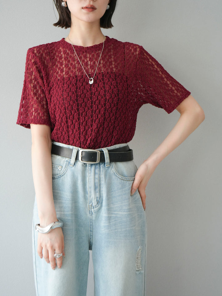【預購】剪裁蕾絲T卹/波爾多紅