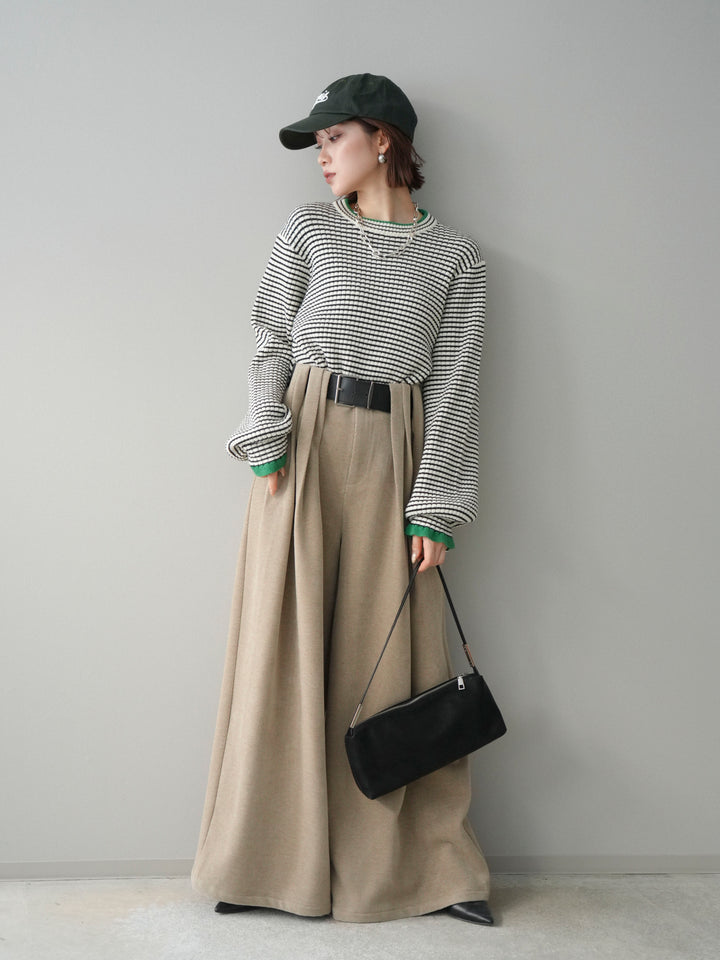 [SET]ラメ異素材ボーダーリブニットプルオーバー+ベルトデザインループコールテンワイドパンツ(ベルト付き)(2set)