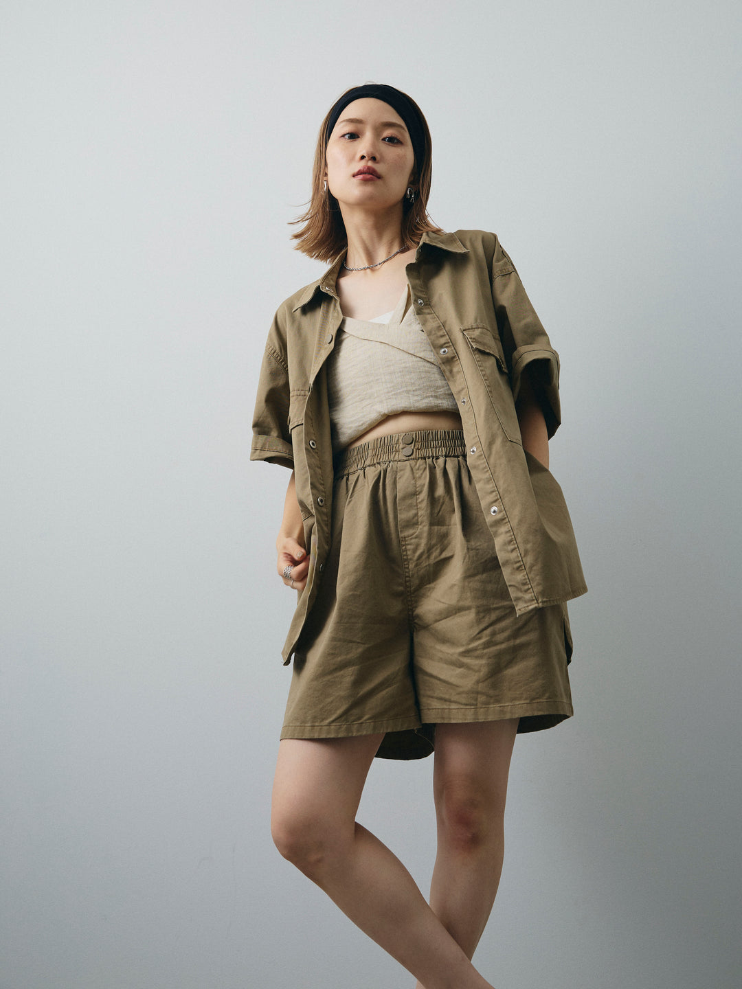 [SET]ミリタリーオーバーシャツ＆ハーフパンツSET UP+リネンライクカシュクールデザインビスチェ(2set)