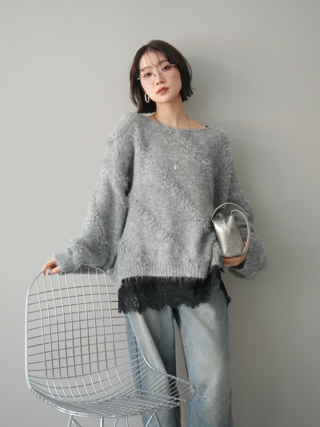 [予約]シャギーデザインニットプルオーバー/gray