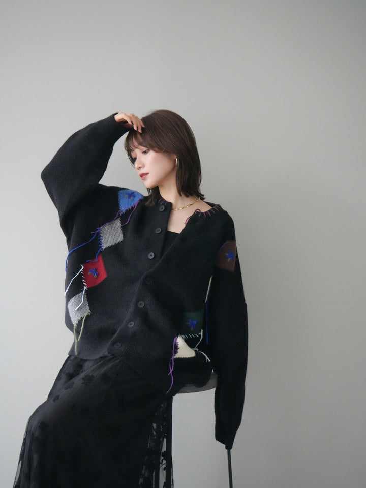 [予約]ハンドステッチアーガイルデザインニットカーディガン/black