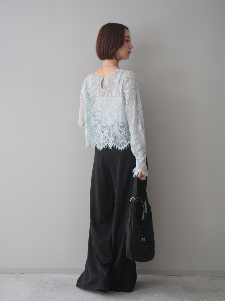 [SET]2WAYスリーブレーストップス+ラッフルベルトワイドパンツ(2set)