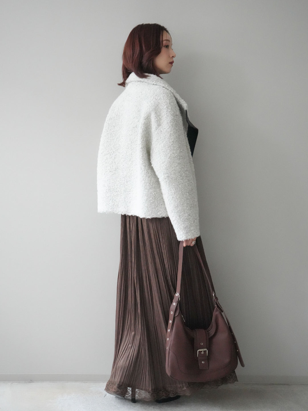 [SET]レザー切替ブークレブルゾン+裾レーススウェードプリーツマキシスカート(2set)