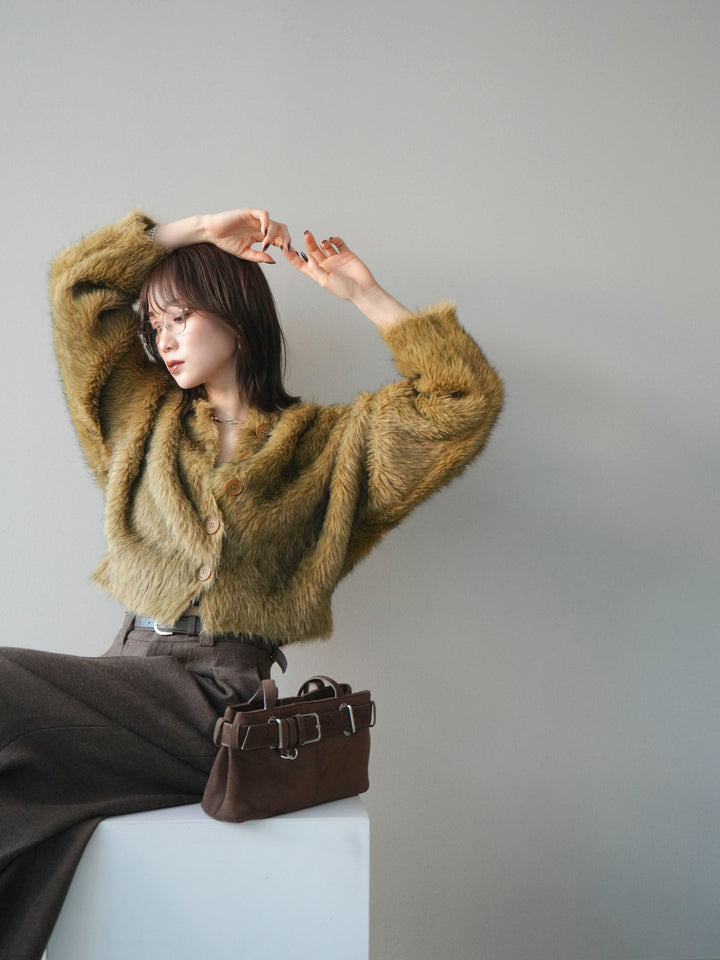 [予約]ミックスシャギーショートニットカーディガン/green