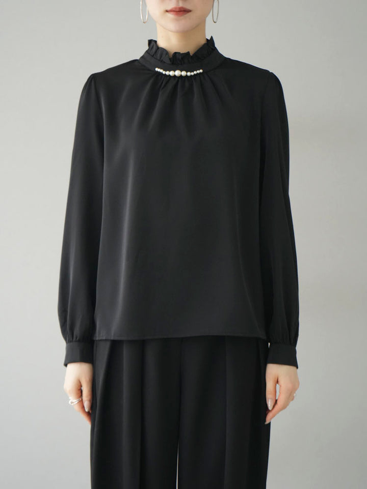 [Pre-order] Pearl neck frill blouse/black