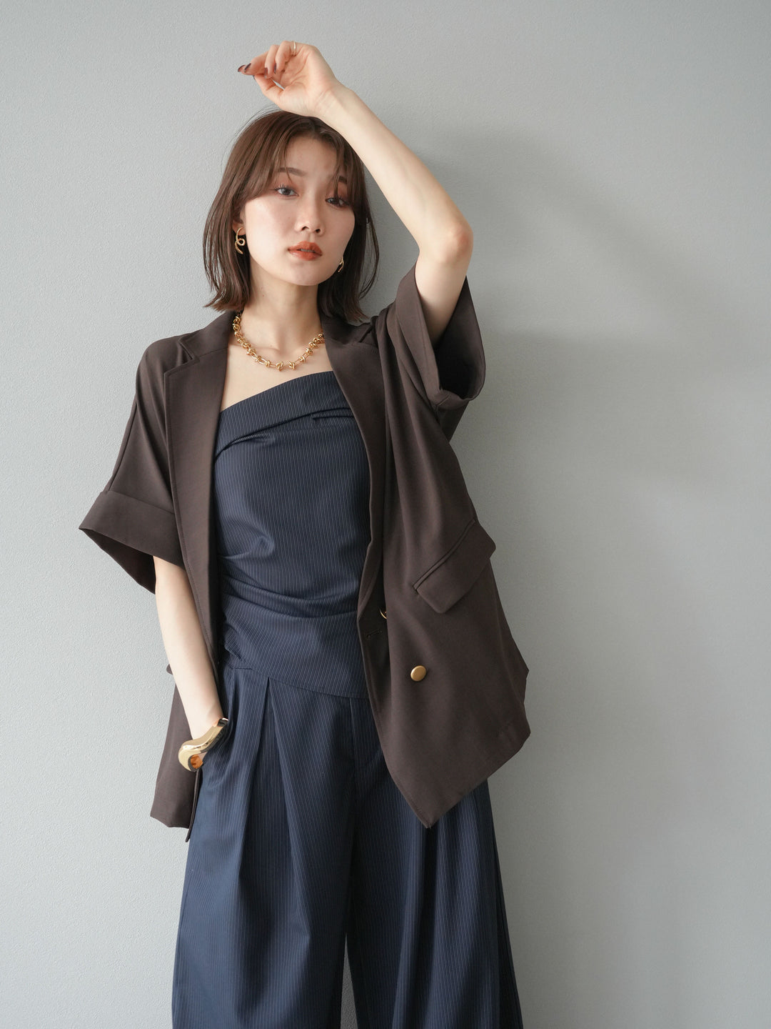 [予約]ゴールドボタンハーフジャケット/ブラウン