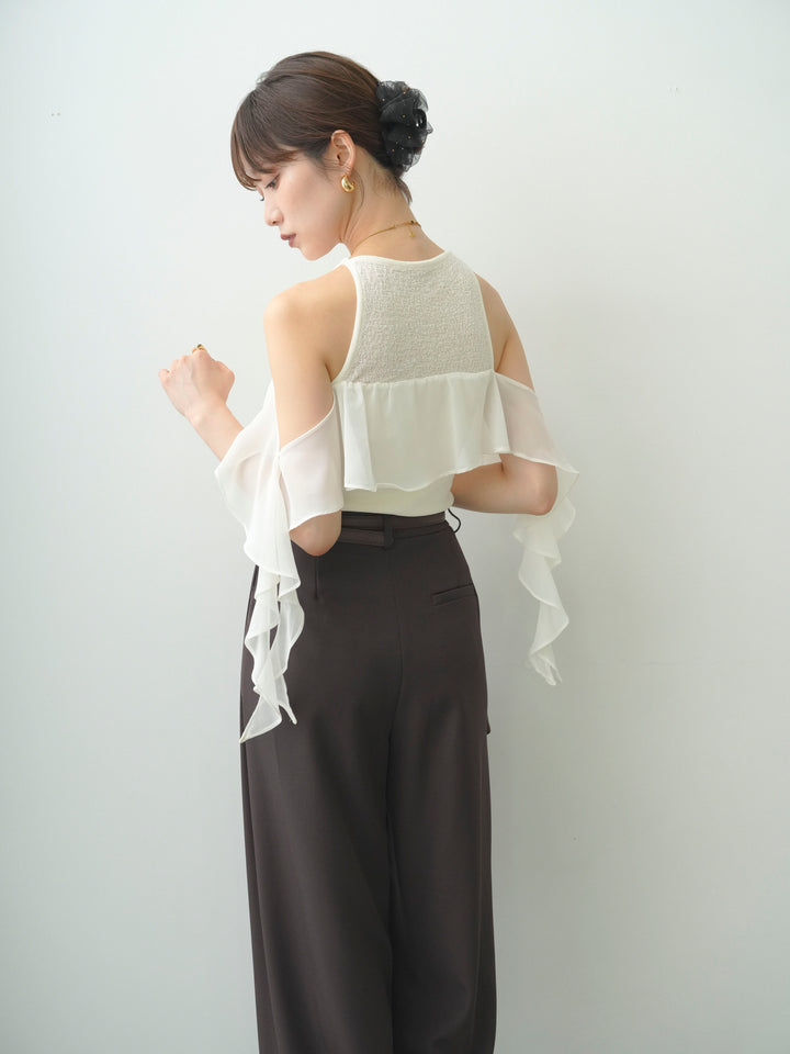[予約]シフォンフリルドッキングノースリニットトップス/ivory