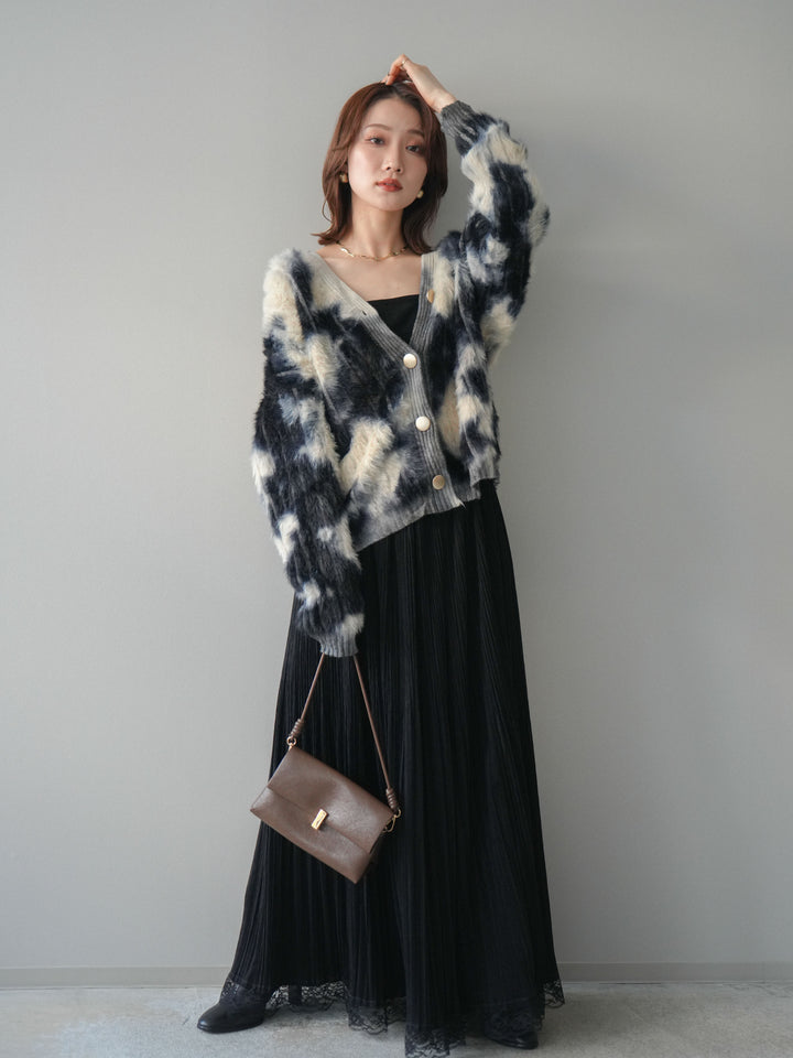 [SET]ニュアンス柄シャギーニットカーディガン+裾レーススウェードプリーツマキシスカート(2set)