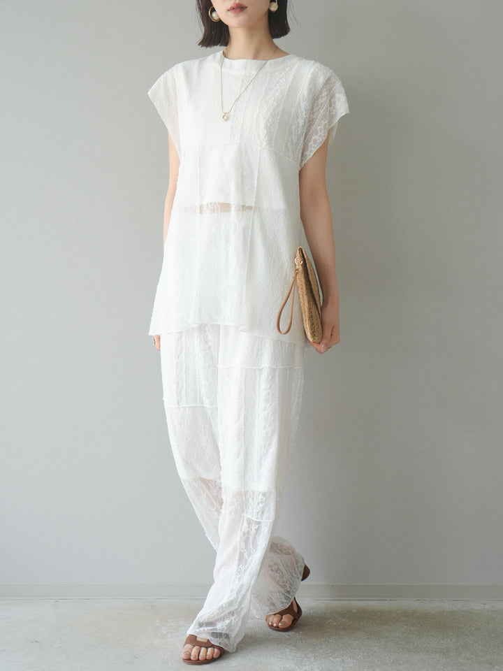 [予約]パッチワークレースワイドパンツ/ホワイト