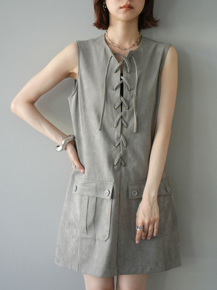 [予約]レースアップスエードミニワンピース/グレー